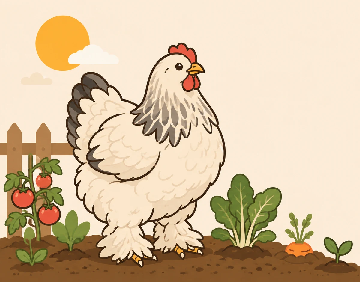 A hen standing in a backyard garden bed among tomatoes, chard, and a carrot, with the sun rising behind a fence